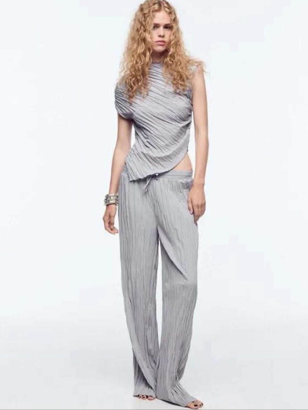 New Zara Pleated Pull-On Elastic Drawstring Waist Silver Lilac Pants Medium NWT